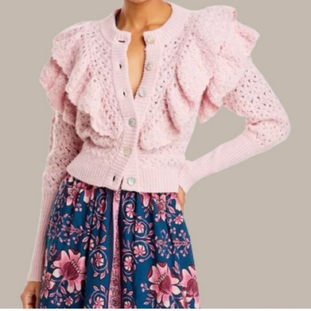 Farm Rio Pink Ruffle Knit Button-Front Sweater